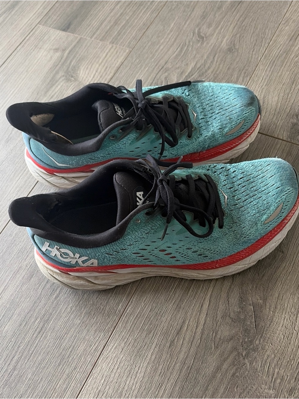 Hoka Teal Athletic Running Shoes with Red Trim